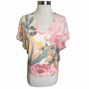 Vila Milano Floral Knit Top Womens M V Neck Short Dolman Sleeve Cottagecore